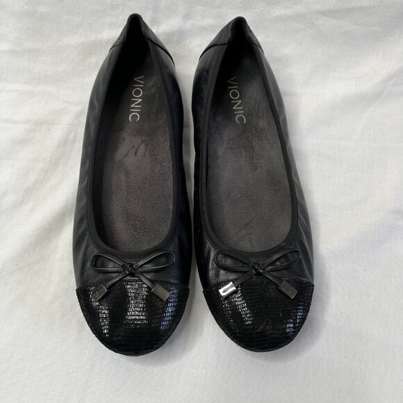 Vionic Womens Black Minna Leather Sequin Cap Toe Ballet Bow Flats size 8 - Picture 3 of 11